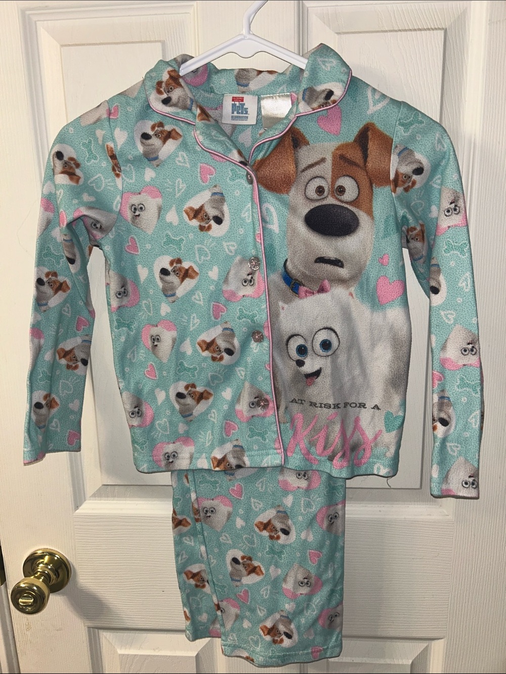 Girls Aqua Blue Animated Pet Pajama Set with Pink Heart Details